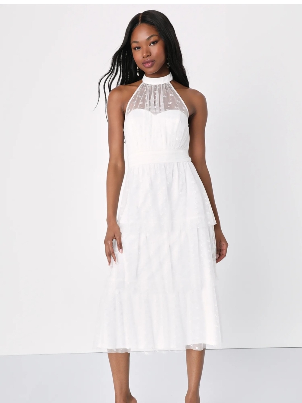 Lulus Positively Precious White Floral Mesh Tiered Halter Midi Dress